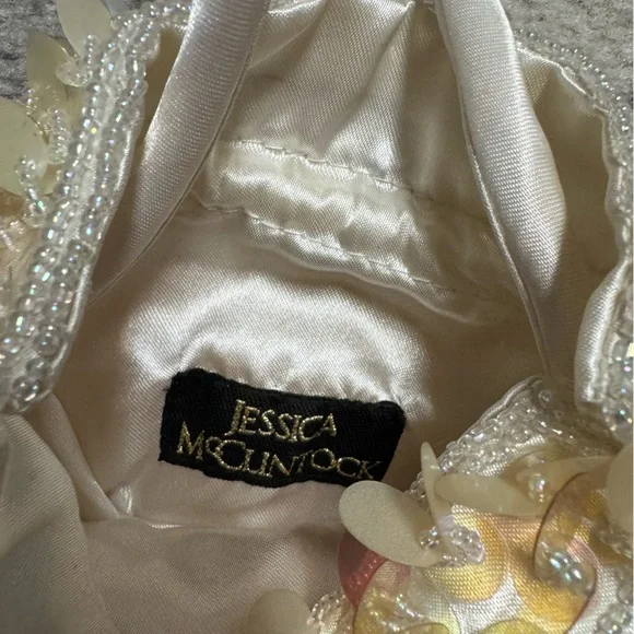 Jessica McClintock Satin Lined Beaded Sequin Yellow Ivory Drawstring Mini Bag - Picture 7 of 8